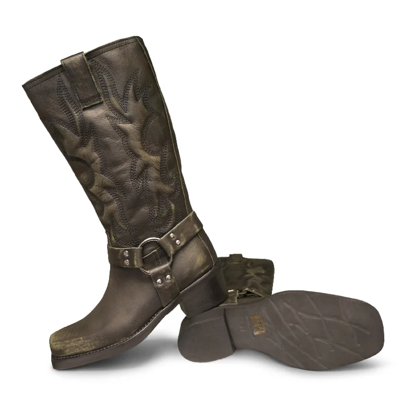 PX842 -Greyish Black Leather Biker With Green Markings Cowboy Boot Western Style  