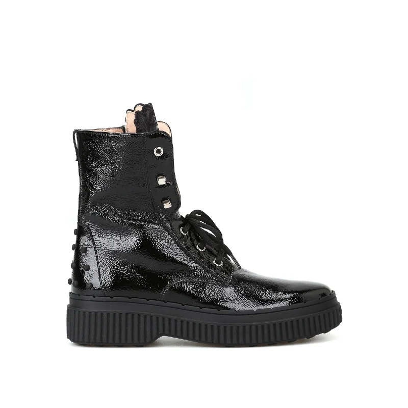 Tod's Embroidered Tongue Patent Ankle Boots Minimalist Sneaker Style  