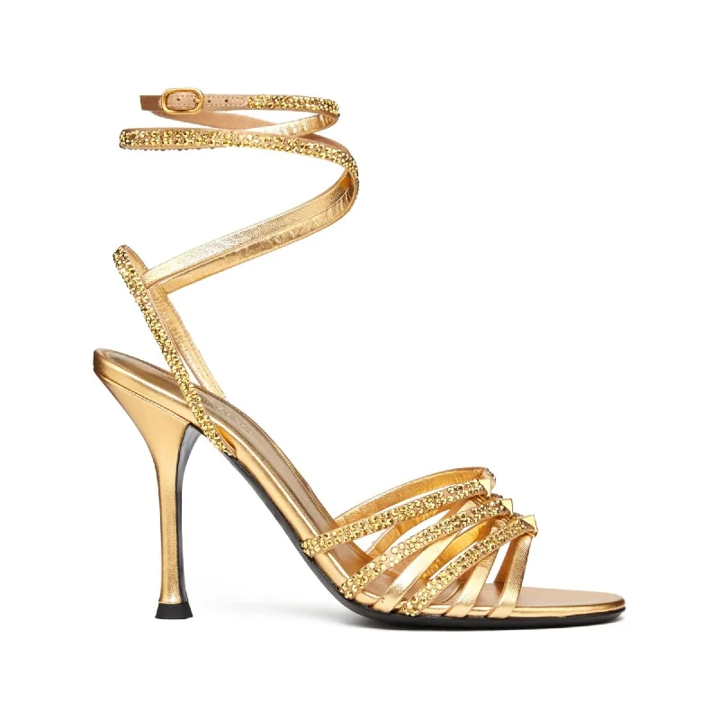 Valentino Garavani Rockstud Strappy Gold Heeled Sandals In Nappa Leather Mod Oxford Design  