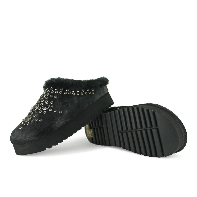 W17-SRW696 - Black Fur Mule Ivy League Loafer Look 