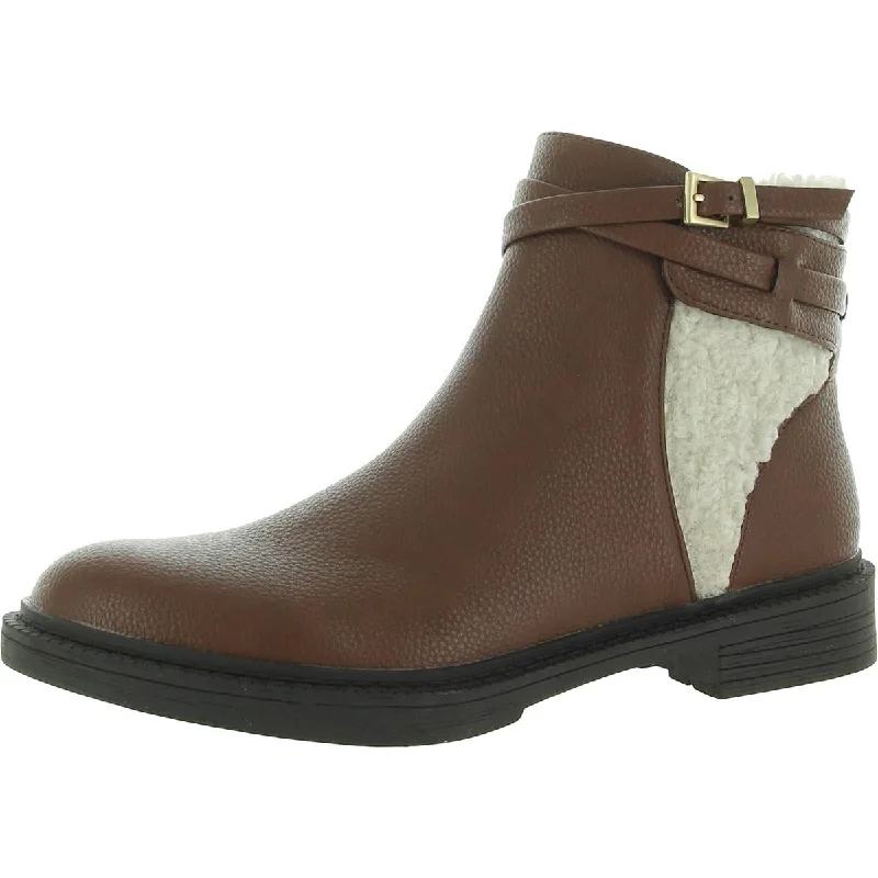 Wind Lug Buckle Cozy Womens Leather Faux Fur Ankle Boots Inflatable Shoe Look 