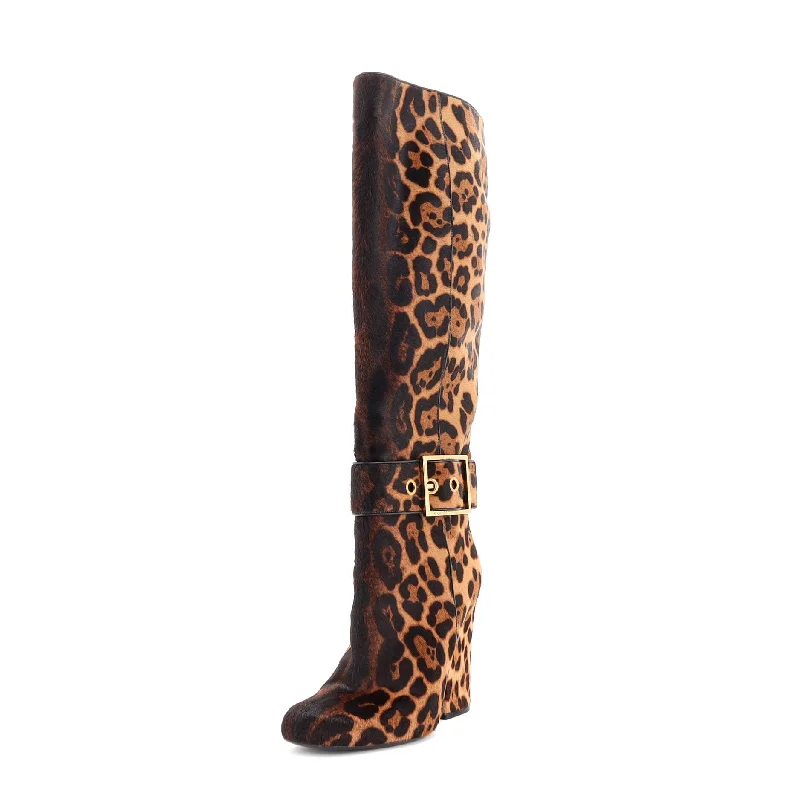 Women's Buckle Knee High Boots Printed Pony Hair Desert Boot Utility Style  