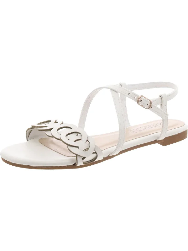 Womens Faux Leather Embossed Ankle Strap Metallic Trim Shoe Design  