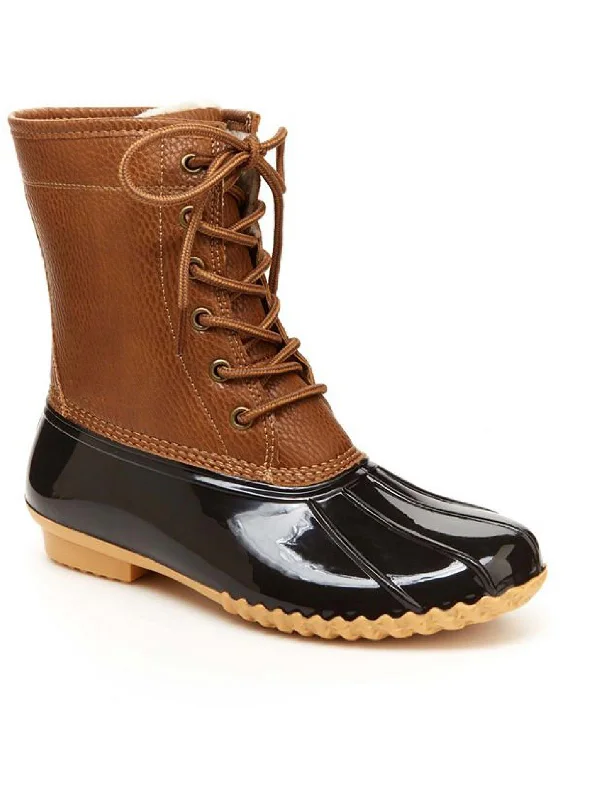 Womens Faux Leather Waterproof Mid-Calf Boots Metallic Trim Shoe Design  