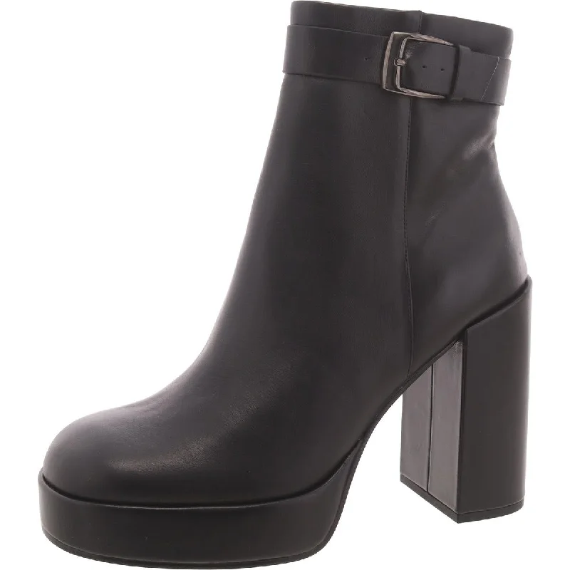 Womens Leather Block Heel Ankle Boots Buckle -