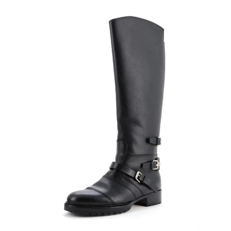 Women's Rockstud Buckle Knee High Boots Leather Loose - Fit Slipper Style  