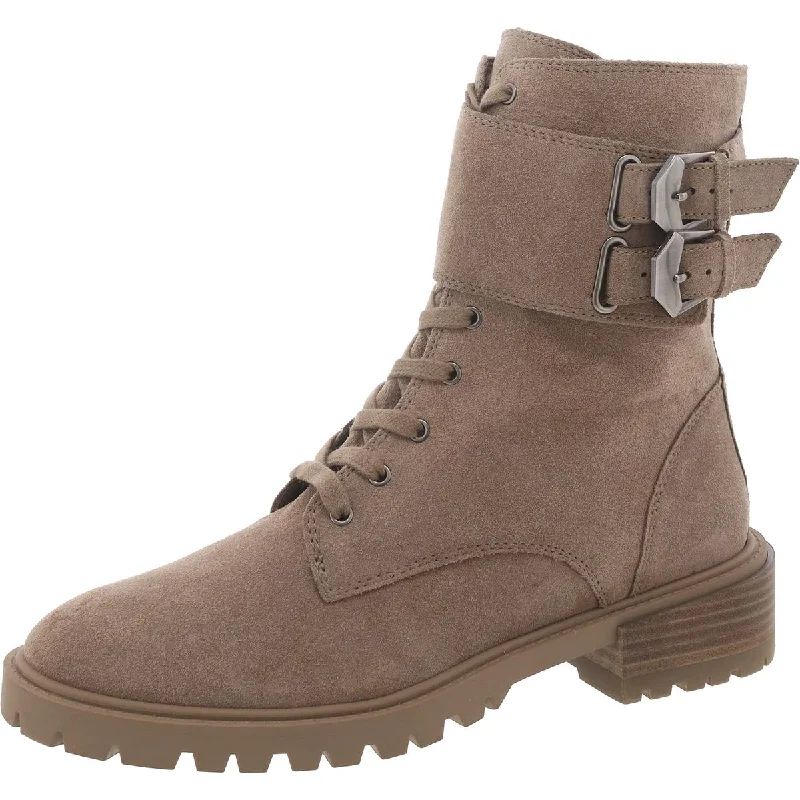 Womens Suede Block Heel Combat & Lace-Up Boots Distressed Leather Shoe Style  