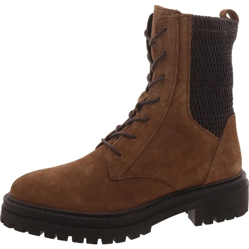 Womens Suede Block Heel Combat & Lace-Up Boots Open - Lacing Derby Look  