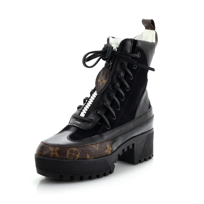 Women's Zip Up Laureate Platform Desert Boots Leather with Monogram Canvas and Suede Tailored Oxford Style 
